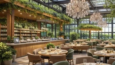 Render fotorealista del tablero de Guava en una tableta de alta gama en la barra de un restaurante, mostrando pedidos en vivo y métricas clave