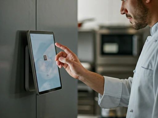 Vue rapprochée d'un chef interagissant avec une tablette KDS murale élégante dans une cuisine moderne, mettant en évidence l'intégration transparente dans le flux de travail