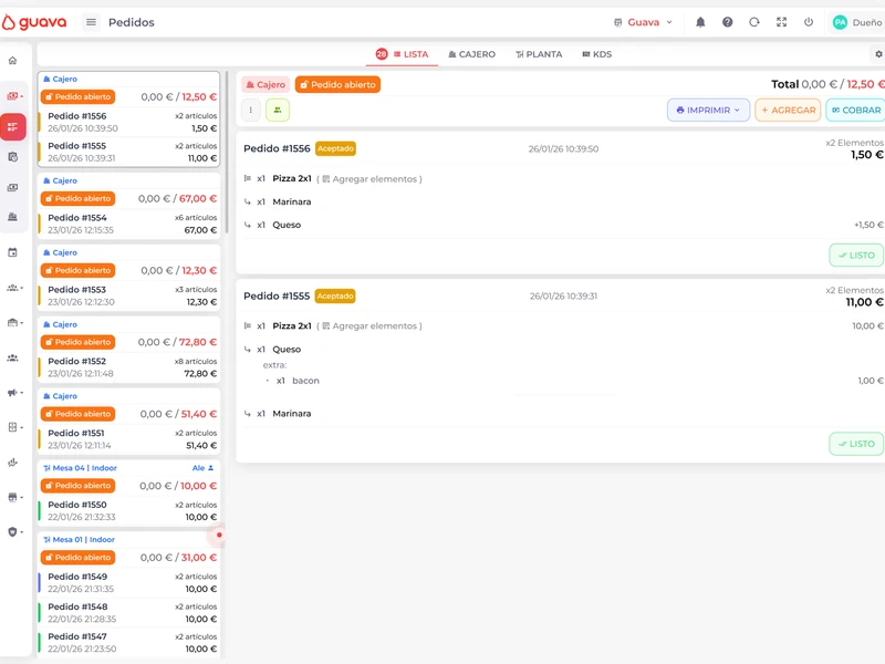 Lista de pedidos da Guava mostrando gestão de pedidos e PDV
