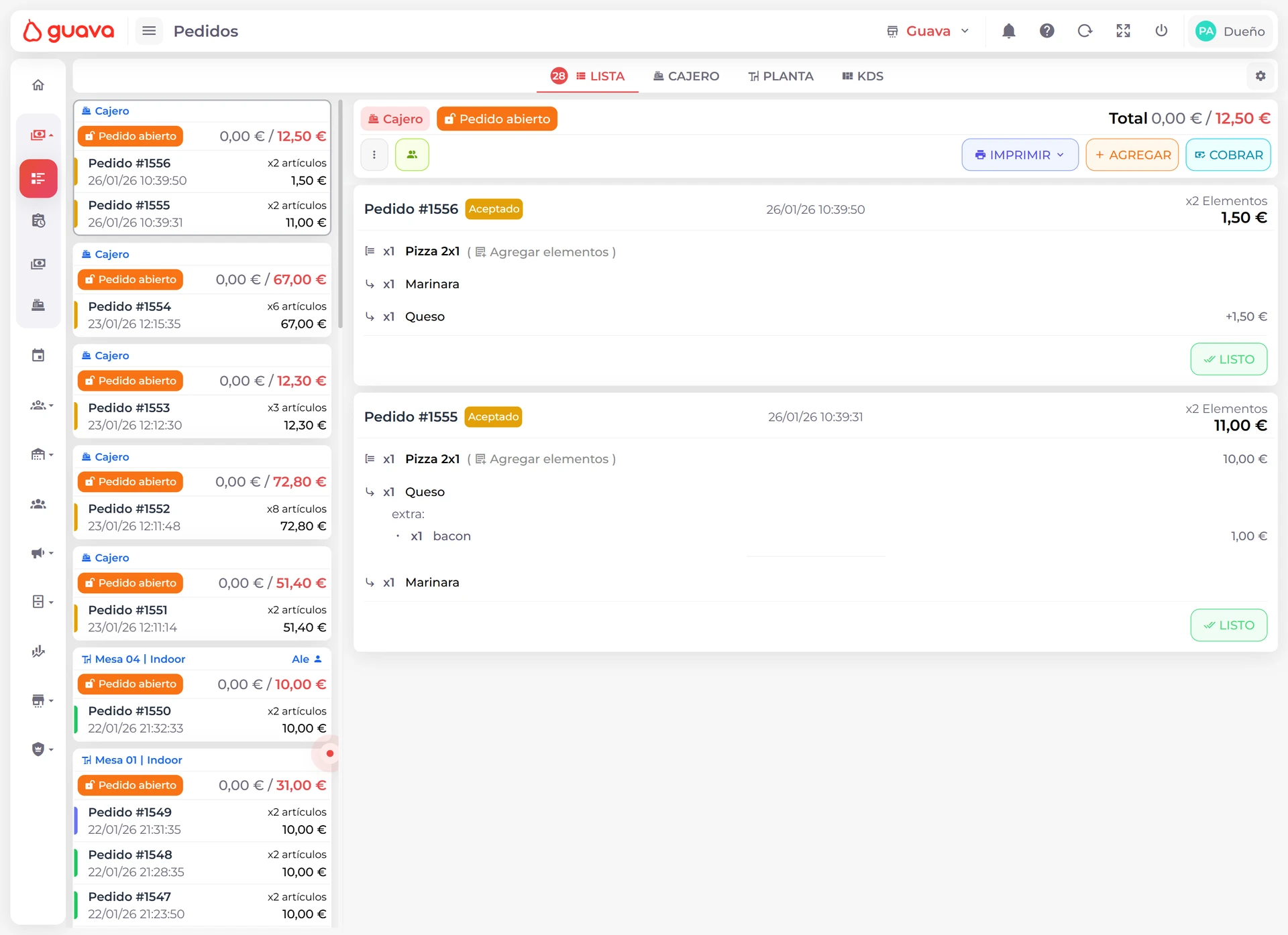 Lista de pedidos de Guava en escritorio