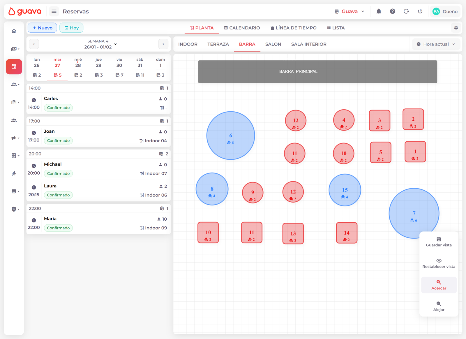 Interfaz de reservas de Guava mostrando mesas y disponibilidad